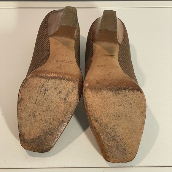 Sergio Rossi Brown Pearlized Linen Fabric Open Toe Heel Slip On Pump  Shoe Sz 36 - Picture 9 of 10